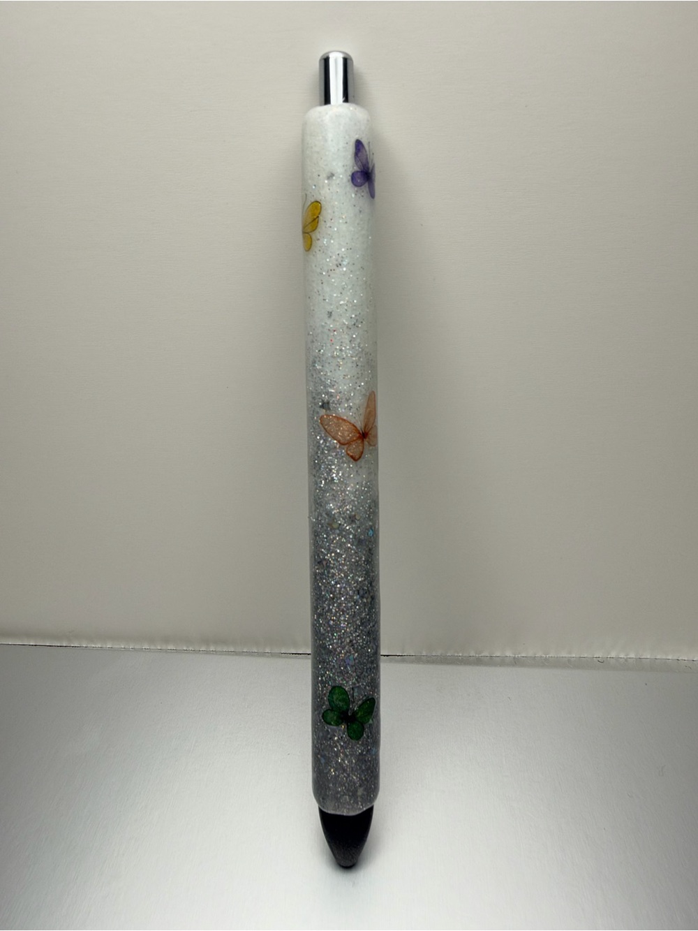 Handcrafted Glitter Resin Gradient Pen with Colorful Butterfly Accents